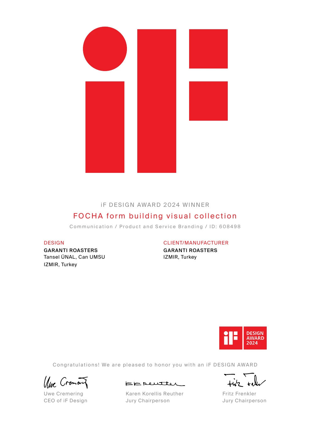 iF DESIGN AWARD 2024 certificate for FOCHA form building visual collection, Communication / Product and Service Branding